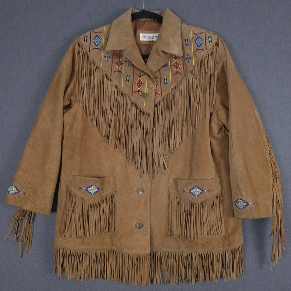 Lew Magram Western Jacket Womens XL Brown Suede Leather Embroidered Fringe Aztec - Picture 1 of 16